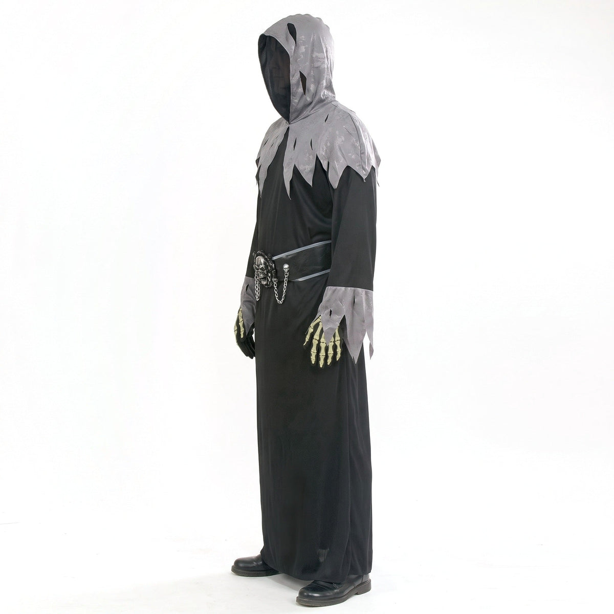Black and gray hooded robe costume with skeleton gloves on mannequin | Chaps London
