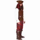 Man wearing brown pirate costume with striped breeches, hat, and eye patch | Chaps London
