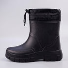 Black rain boot with drawstring collar, shown standing alone, side view | Chaps London