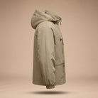 Khaki hooded jacket with zip pockets, shown on mannequin, side view | Chaps London