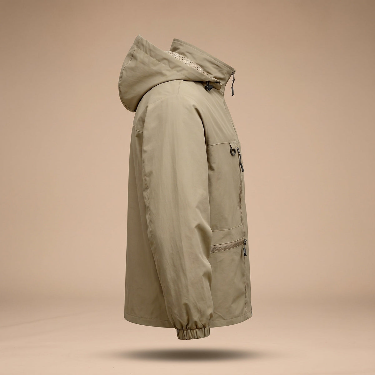Khaki hooded jacket with zip pockets, shown on mannequin, side view | Chaps London