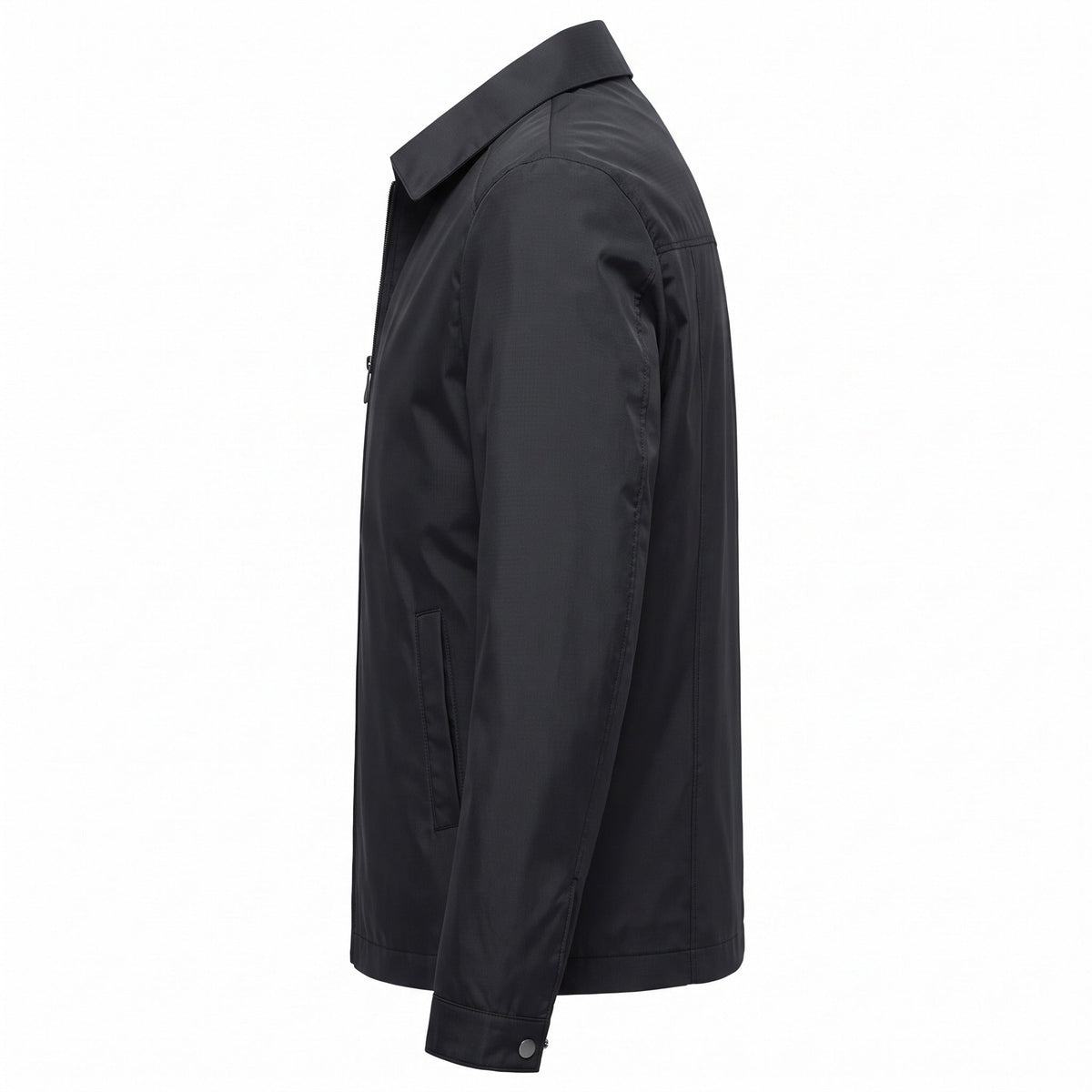 Black shirt-collar rain jacket shown on mannequin, side view, zippered pocket | Chaps London