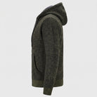 Dark olive chunky knit zip-up hoodie, side view on mannequin | Chaps London
