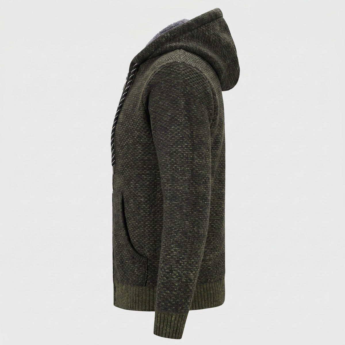 Dark olive chunky knit zip-up hoodie, side view on mannequin | Chaps London