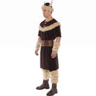 Man wearing brown Viking tunic costume with horned hat, side view | Chaps London