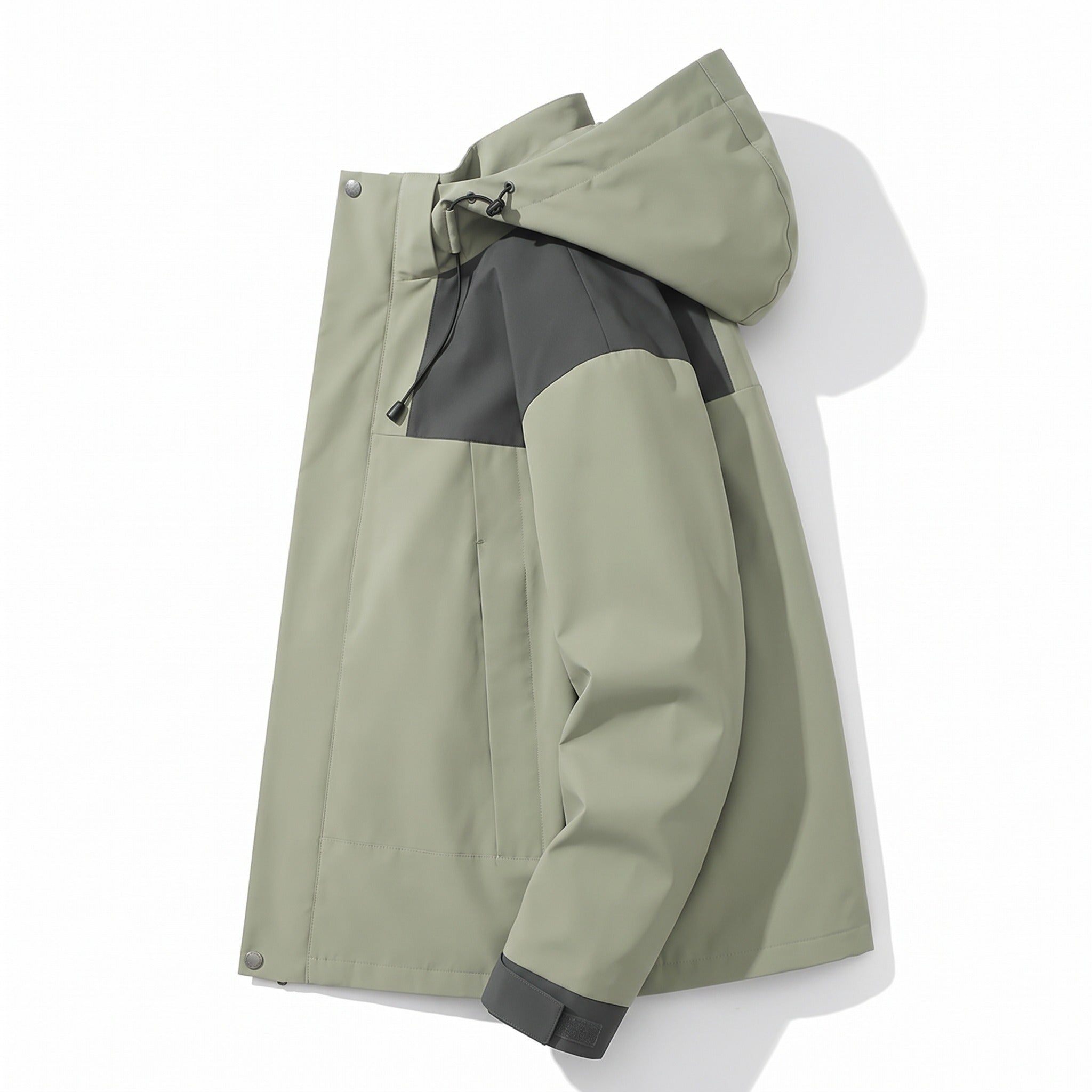 Sage green hooded jacket with grey panel, laid flat | Chaps London