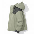 Sage green hooded jacket with grey panel, laid flat | Chaps London
