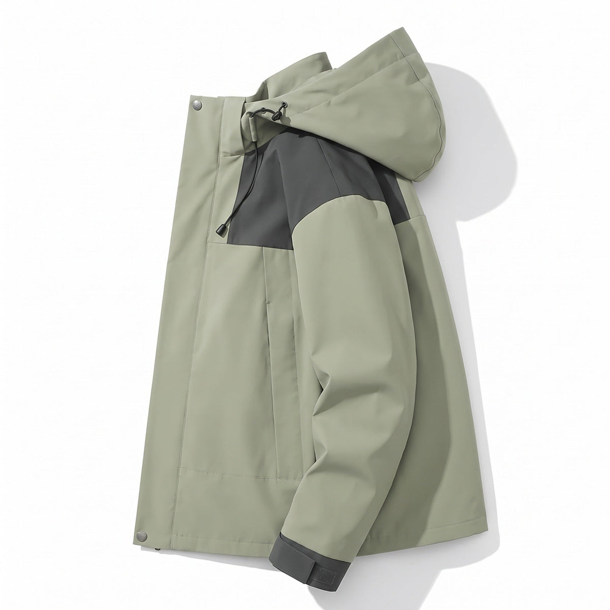 Sage green hooded jacket with grey panel, laid flat | Chaps London