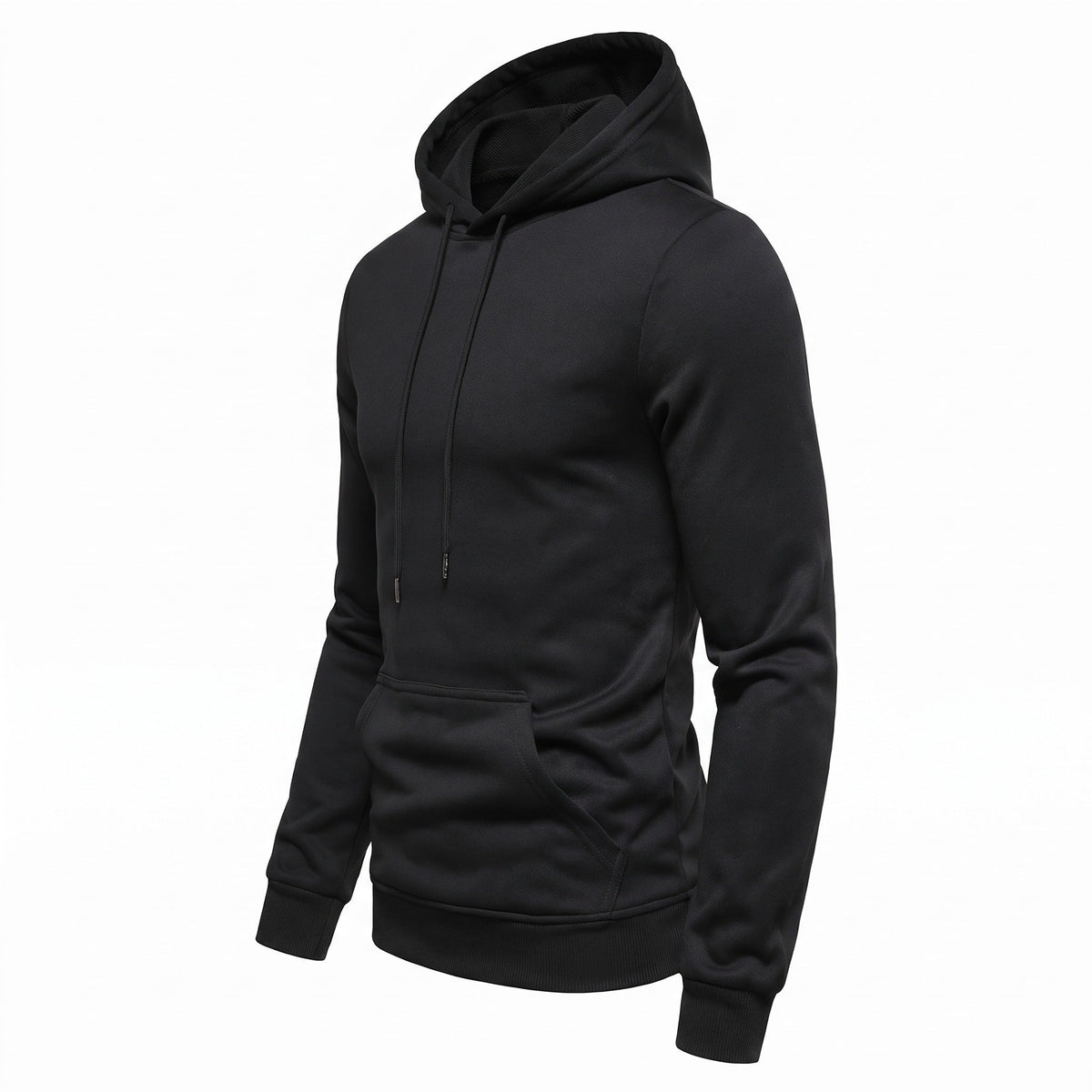 Black drawstring hoodie with kangaroo pocket, worn by a person, side view | Chaps London