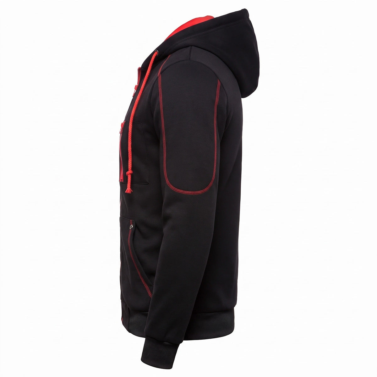 Black zip hoodie with red trim, side view on mannequin | Chaps London