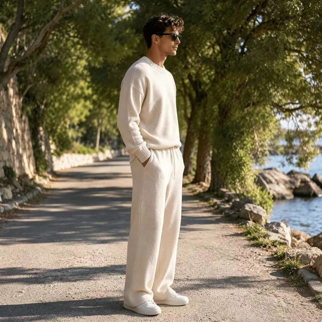 Men's Oversized Knit Set | Crew Neck Jumper | Wide Trousers | Cream