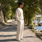 Men's Oversized Knit Set | Crew Neck Jumper | Wide Trousers | Cream