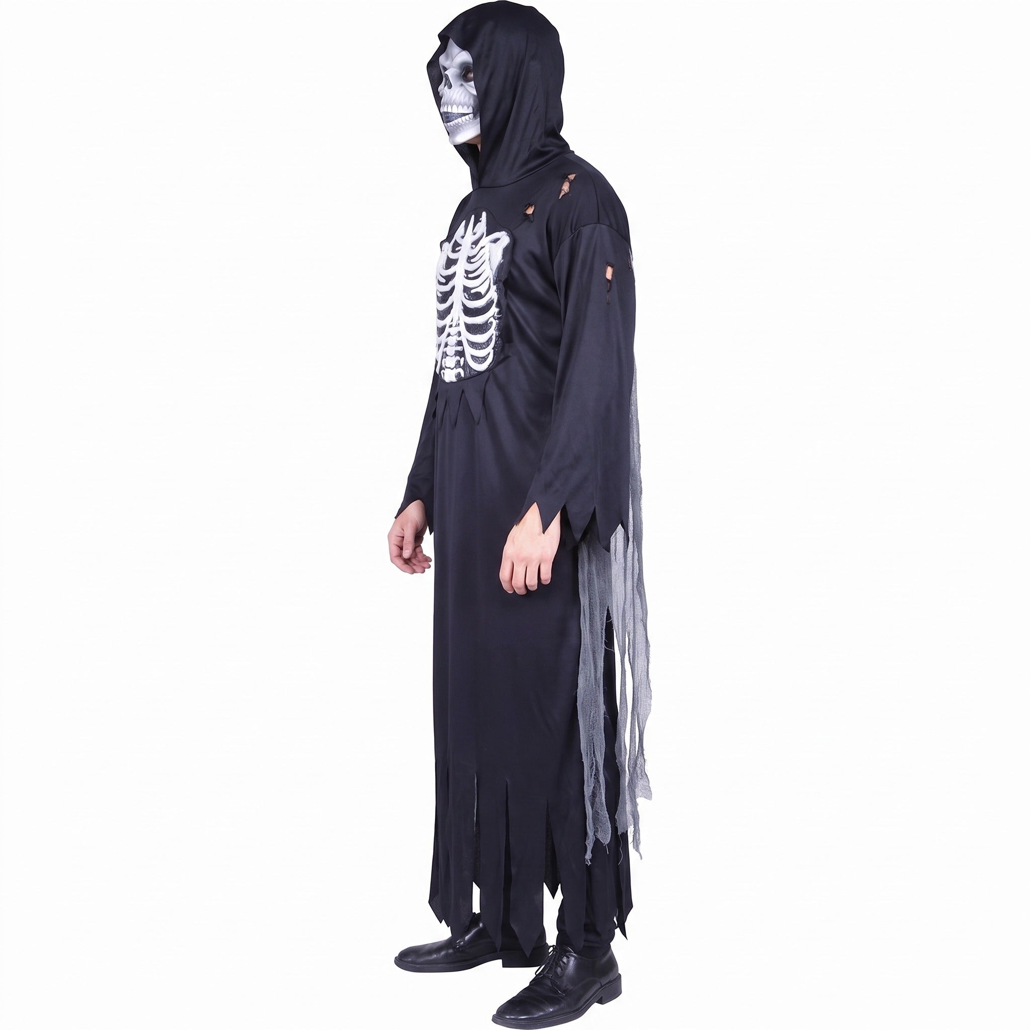 Man wearing black skeleton robe with hood and skull mask | Chaps London