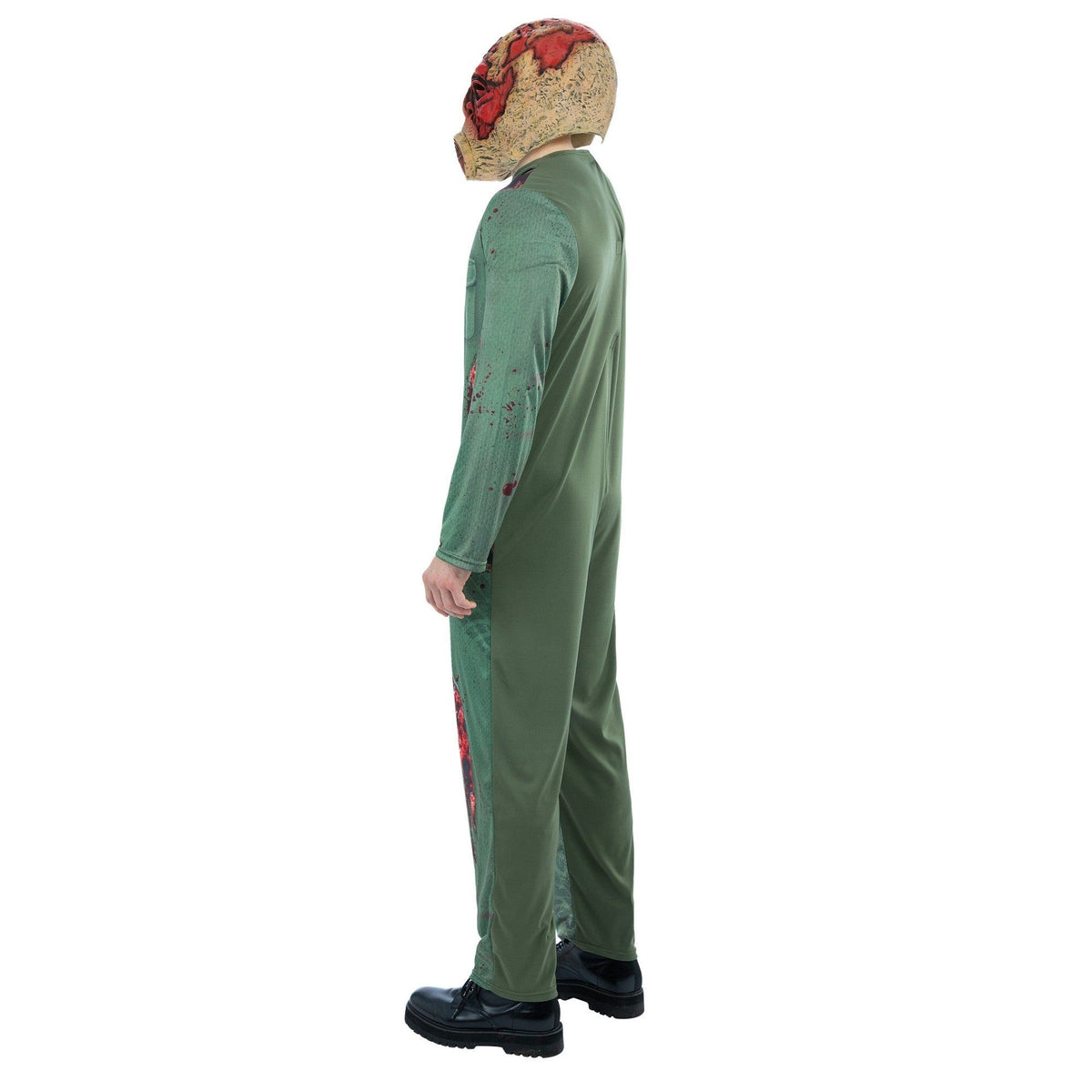 Green zombie jumpsuit costume with textured mask worn by mannequin figure | Chaps London