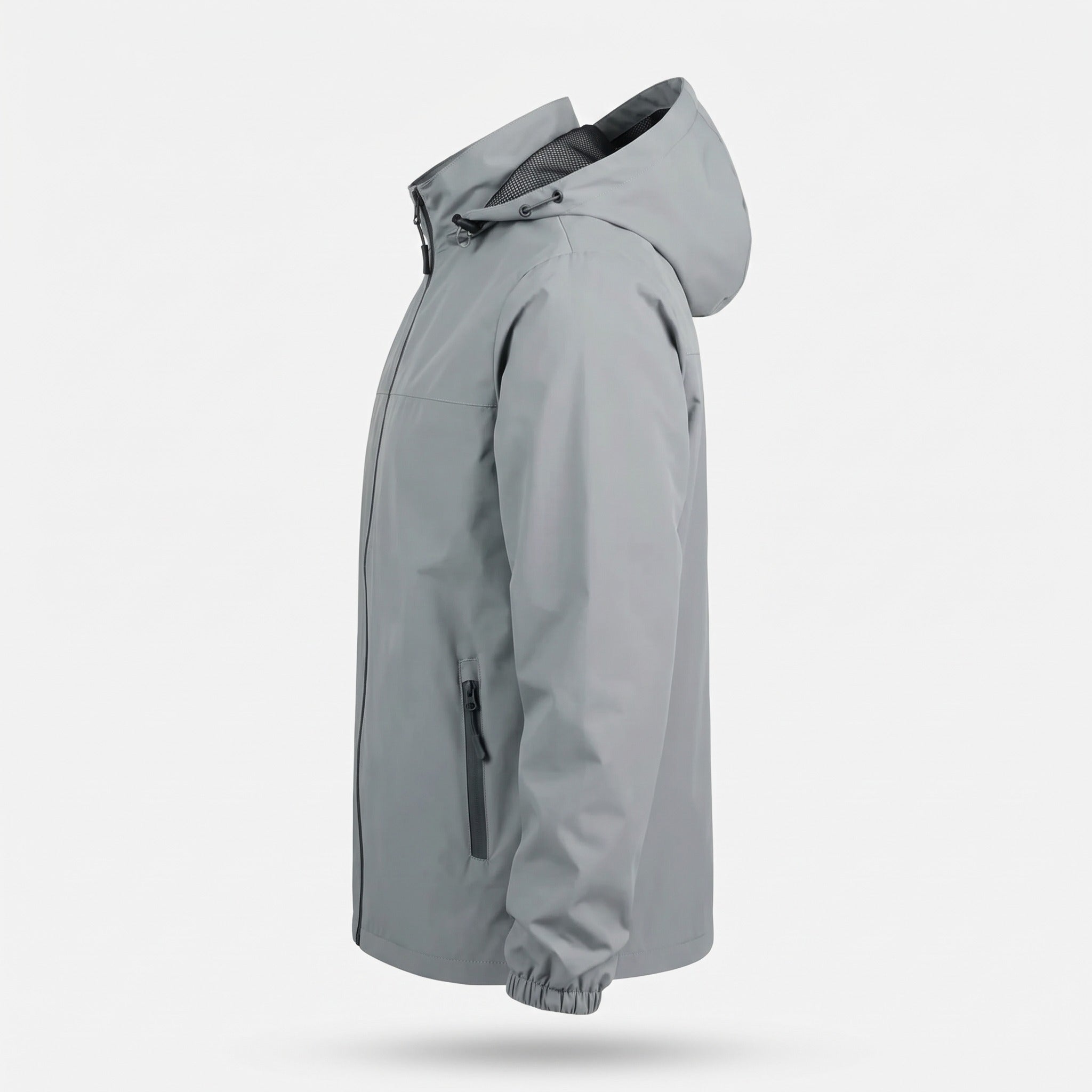 Gray hooded windbreaker jacket shown on mannequin, side view with zip pocket | Chaps London