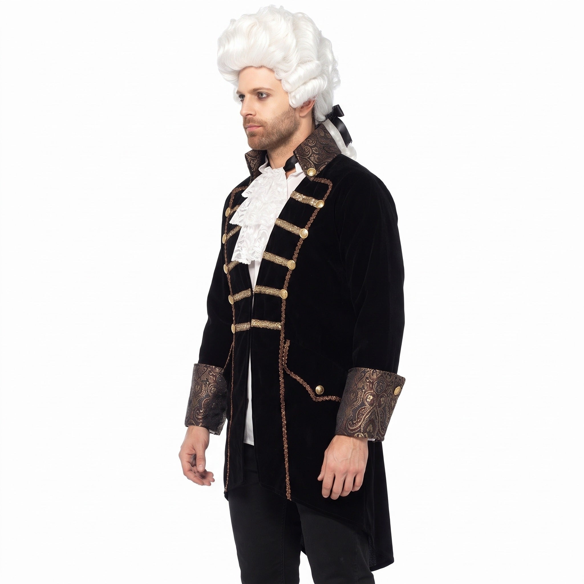 Man wearing black velvet jacket with gold brocade cuffs and wig | Chaps London