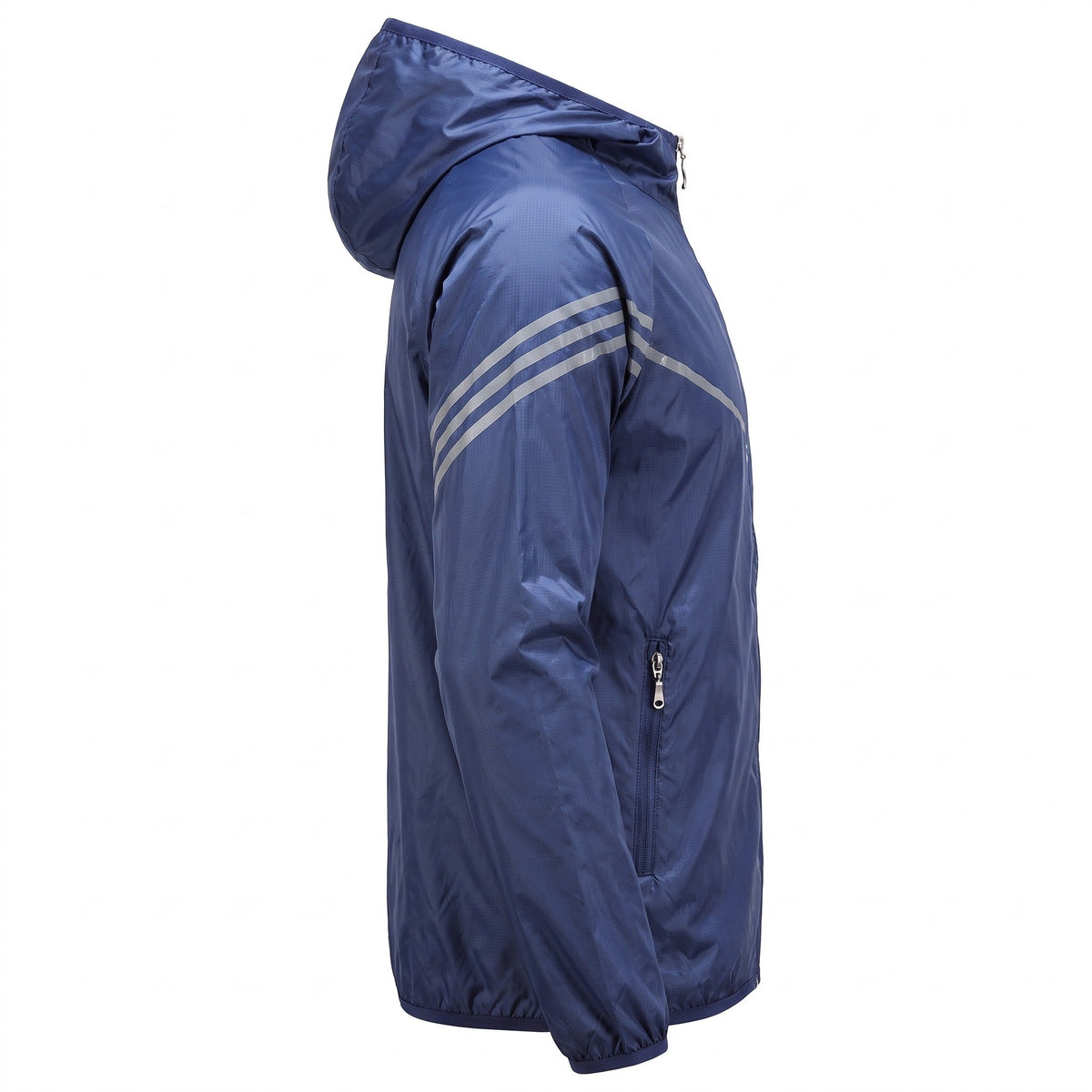 Navy blue hooded windbreaker jacket with reflective stripes, shown on mannequin, side view | Chaps London