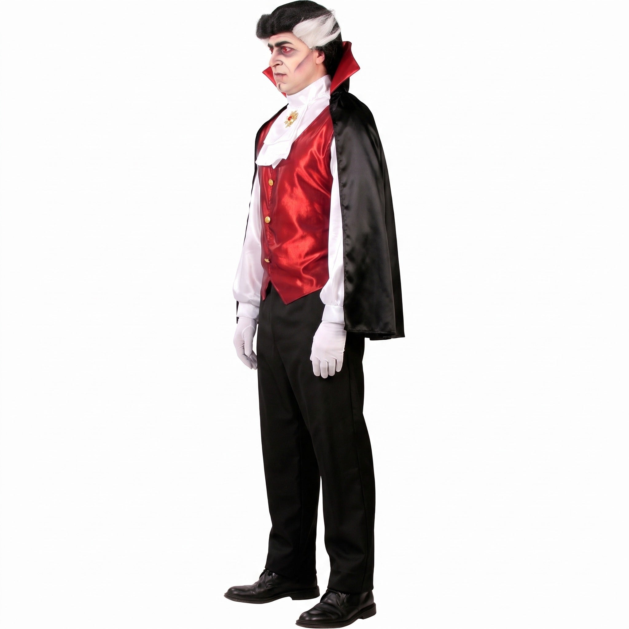 Man wearing vampire costume with red vest, black cape, white collar | Chaps London