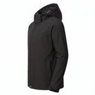 Black hooded jacket with zipper, shown on mannequin torso, side view | Chaps London