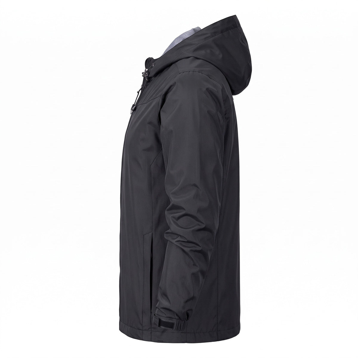 Black hooded waterproof jacket shown in side profile view on mannequin | Chaps London