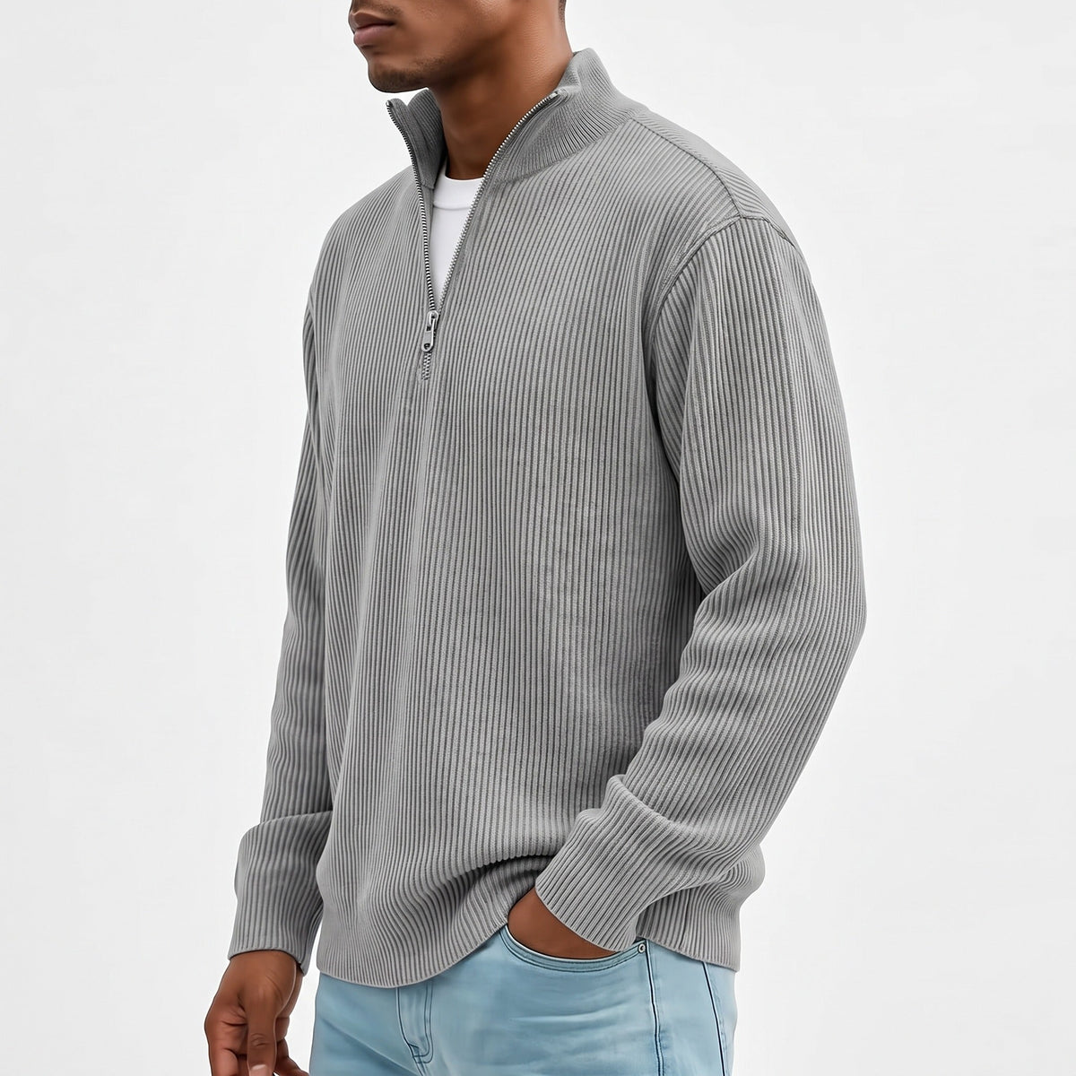 Man wearing grey ribbed knit half-zip jumper with light blue jeans | Chaps London