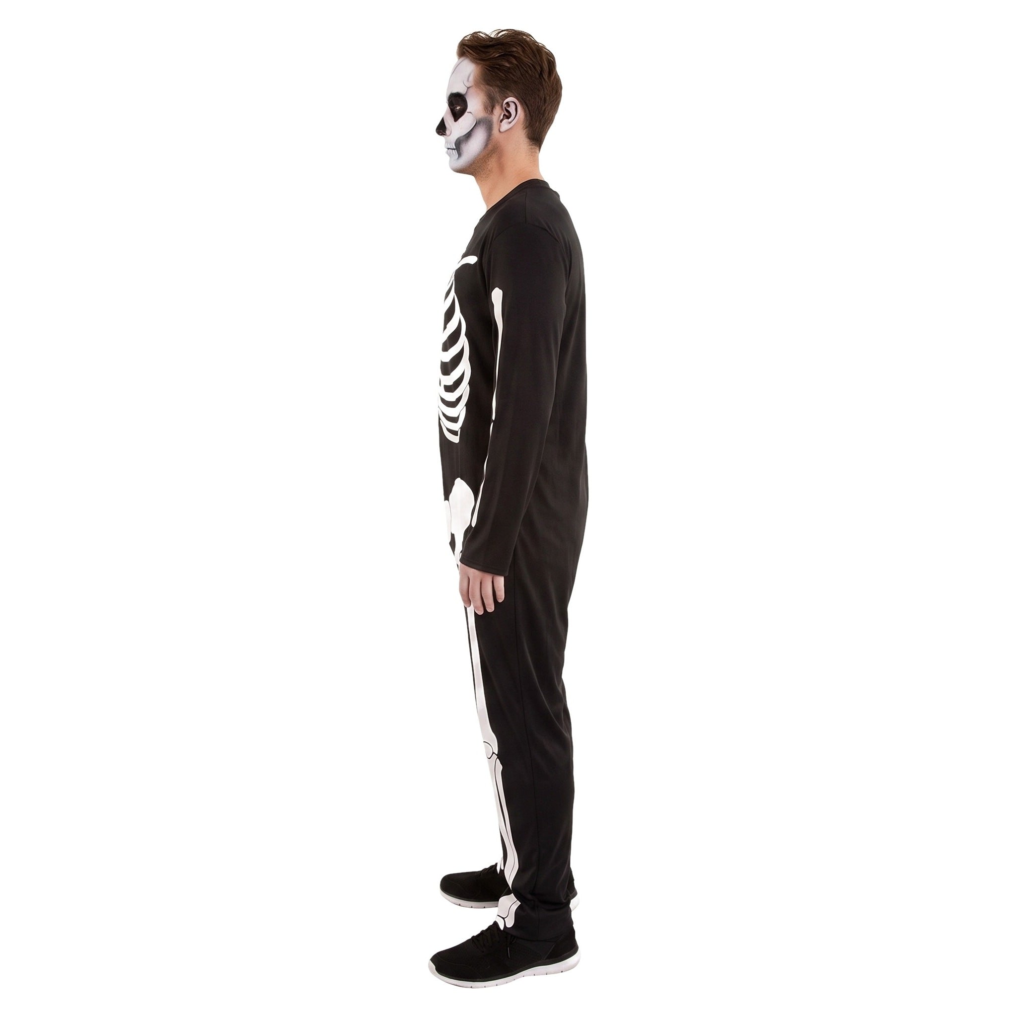 Man wearing black skeleton print jumpsuit with face paint, shown in profile | Chaps London