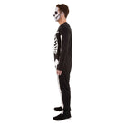 Man wearing black skeleton print jumpsuit with face paint, shown in profile | Chaps London