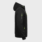 Black zip hoodie with neon green zippers, side view on mannequin | Chaps London