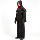 Black hooded robe with shoulder cape and red lining, worn by model | Chaps London