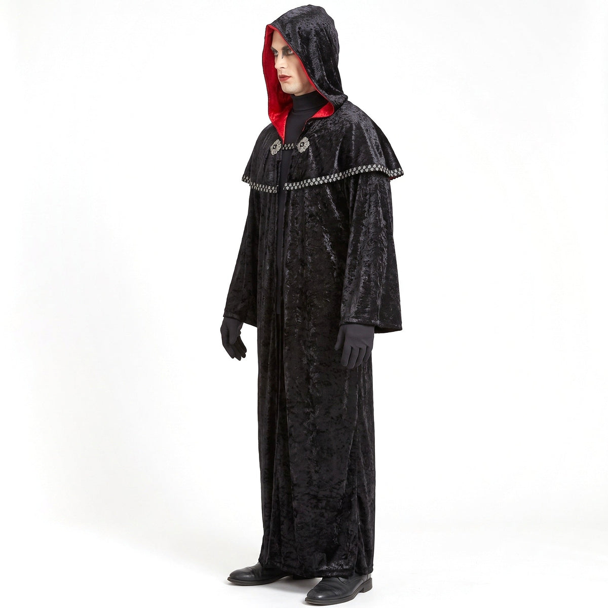 Black hooded robe with shoulder cape and red lining, worn by model | Chaps London