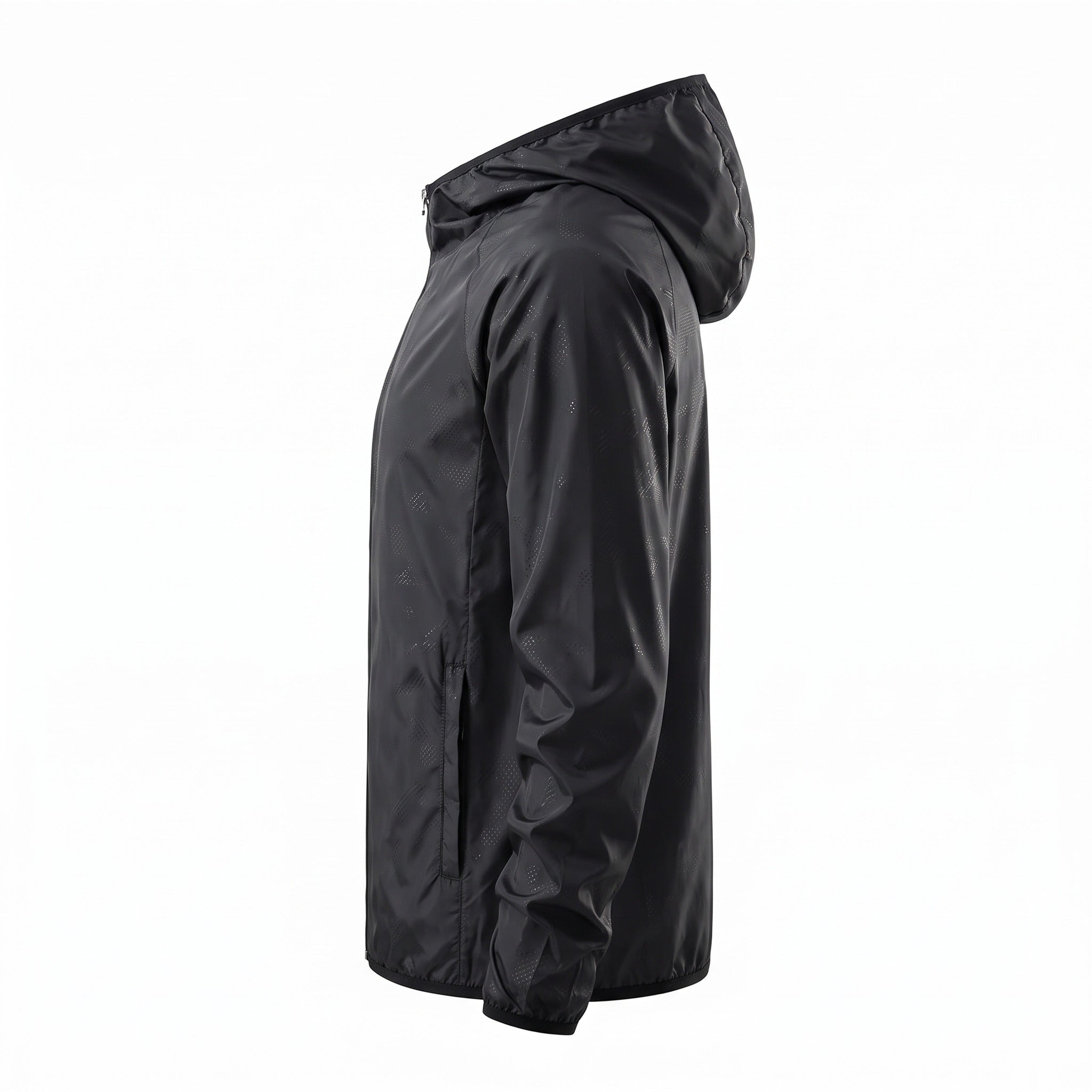 Black hooded jacket shown on mannequin, side view with zipper closed | Chaps London