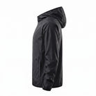 Black hooded jacket shown on mannequin, side view with zipper closed | Chaps London