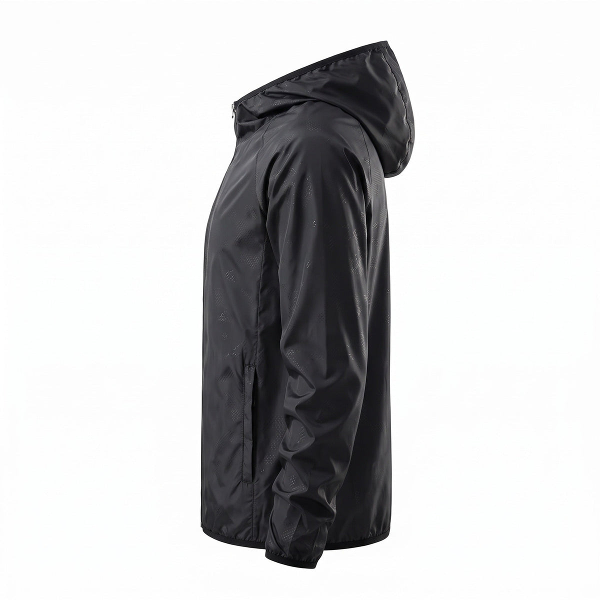 Black hooded jacket shown on mannequin, side view with zipper closed | Chaps London