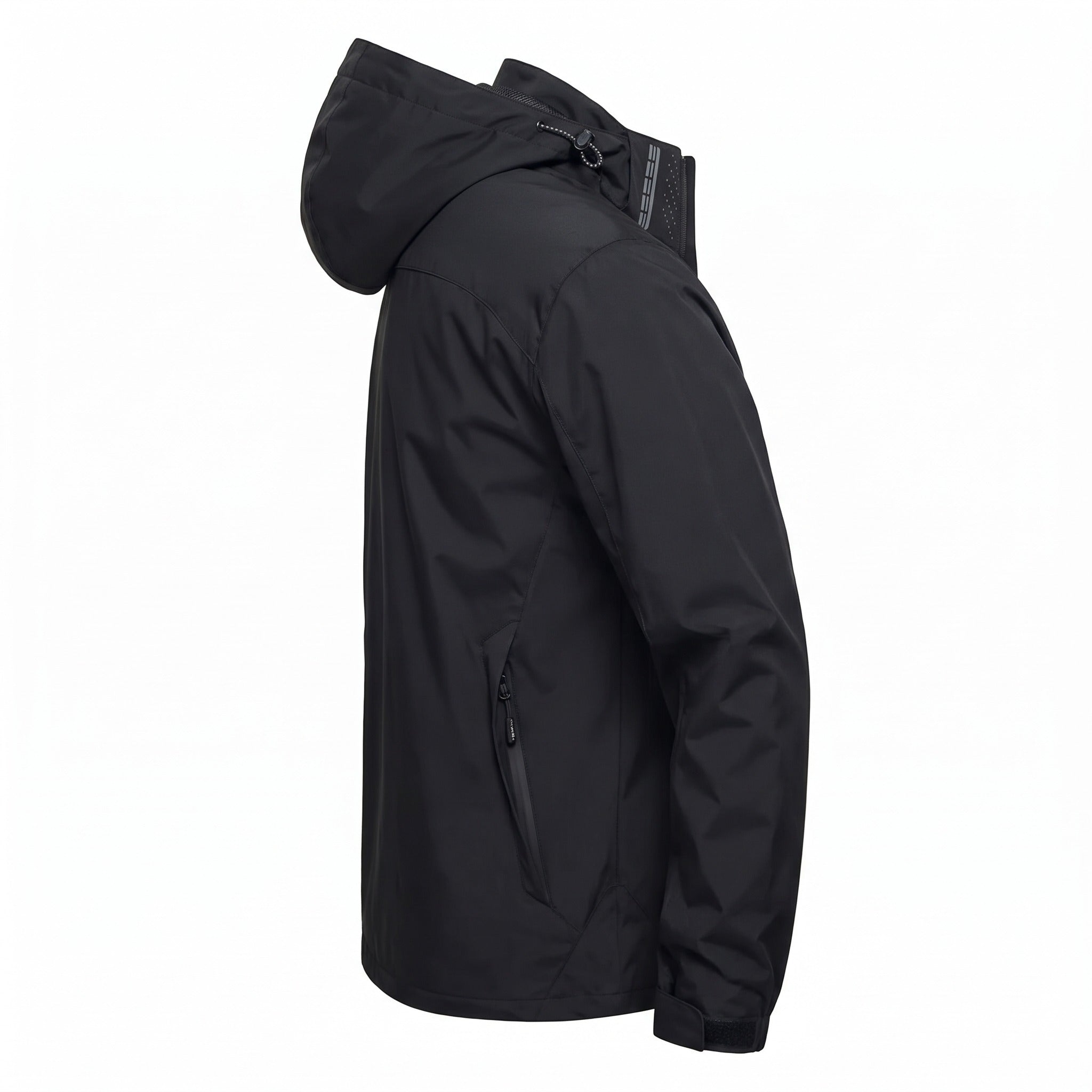Black hooded waterproof jacket shown on mannequin, side profile view | Chaps London