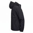 Black hooded waterproof jacket shown on mannequin, side profile view | Chaps London