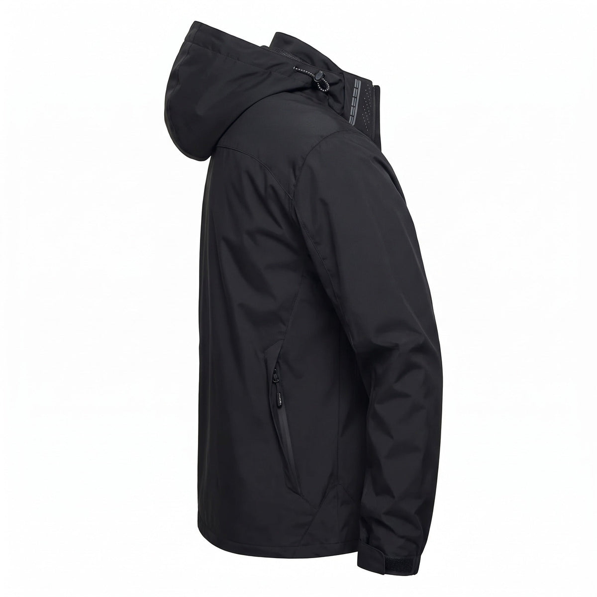 Black hooded waterproof jacket shown on mannequin, side profile view | Chaps London
