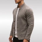 Man wearing gray knit stand collar cardigan with button front, worn open | Chaps London