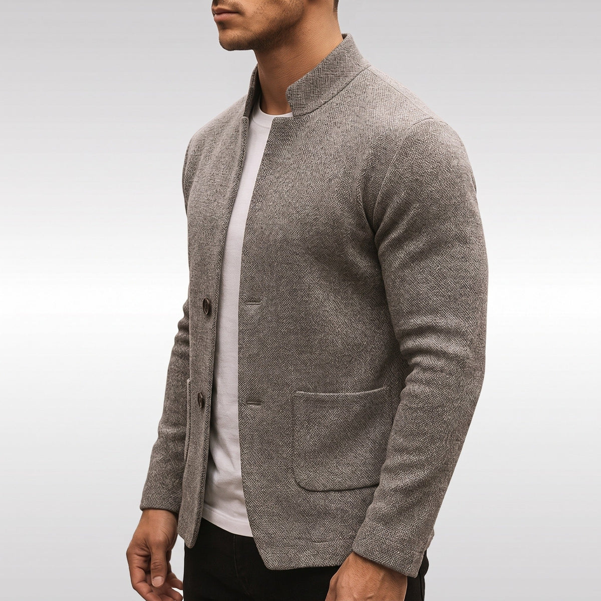 Man wearing gray knit stand collar cardigan with button front, worn open | Chaps London