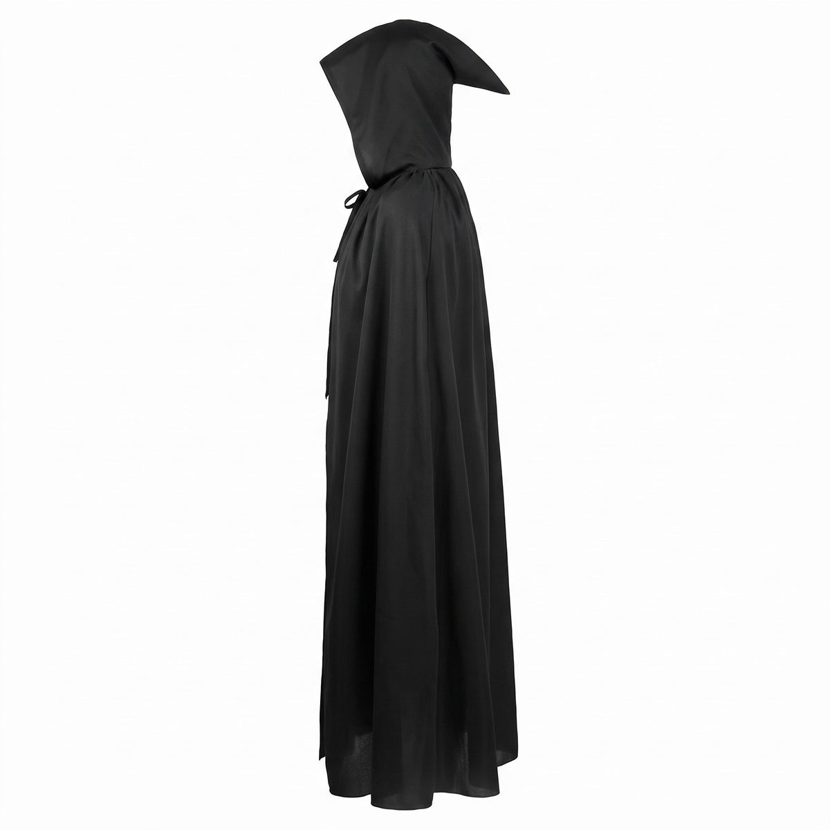 Black hooded cloak, long flowing fabric, shown on mannequin, side view | Chaps London