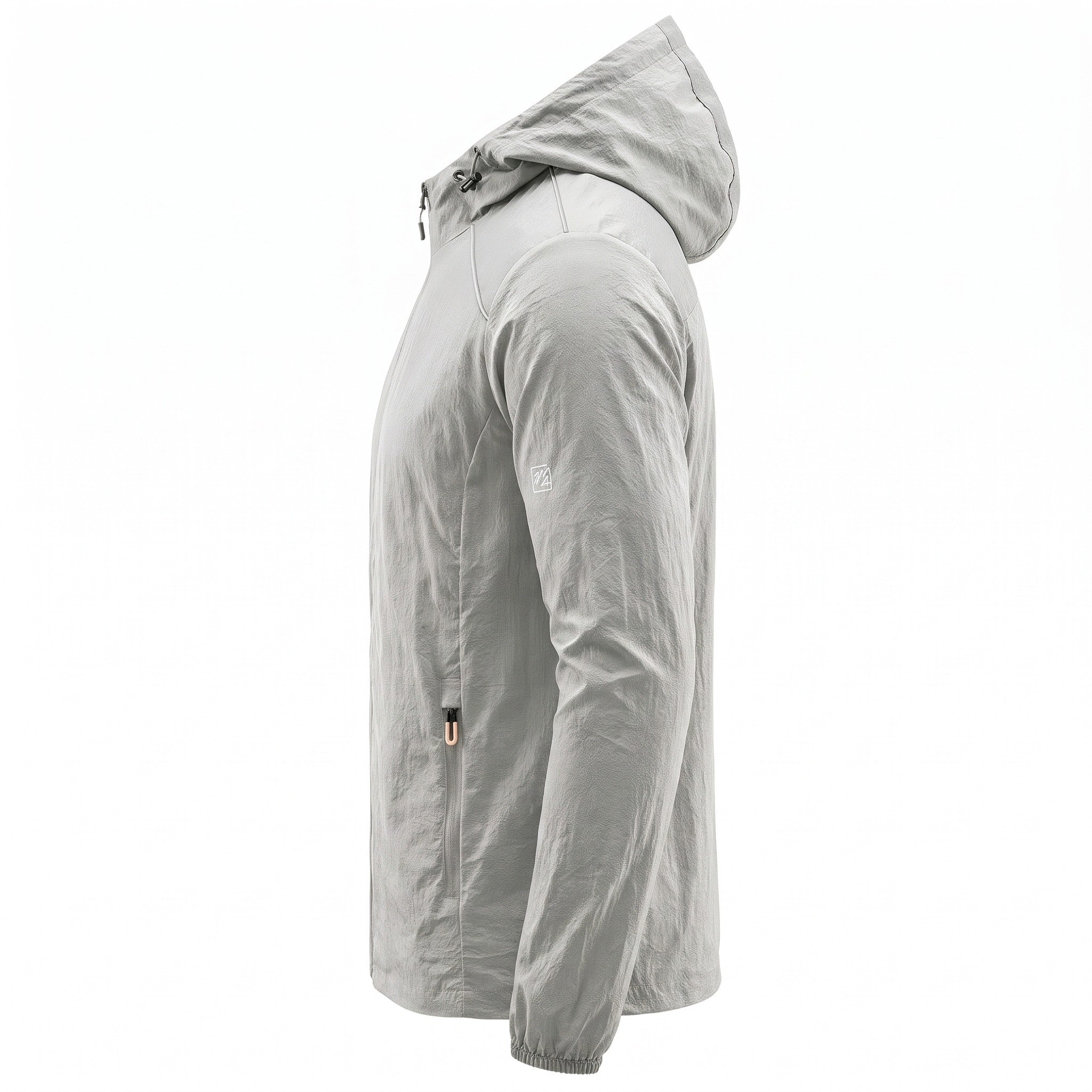 Gray hooded jacket side view on mannequin, zip pocket visible | Chaps London