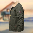 Olive green Sherpa trucker jacket worn by a person, side view | Chaps London