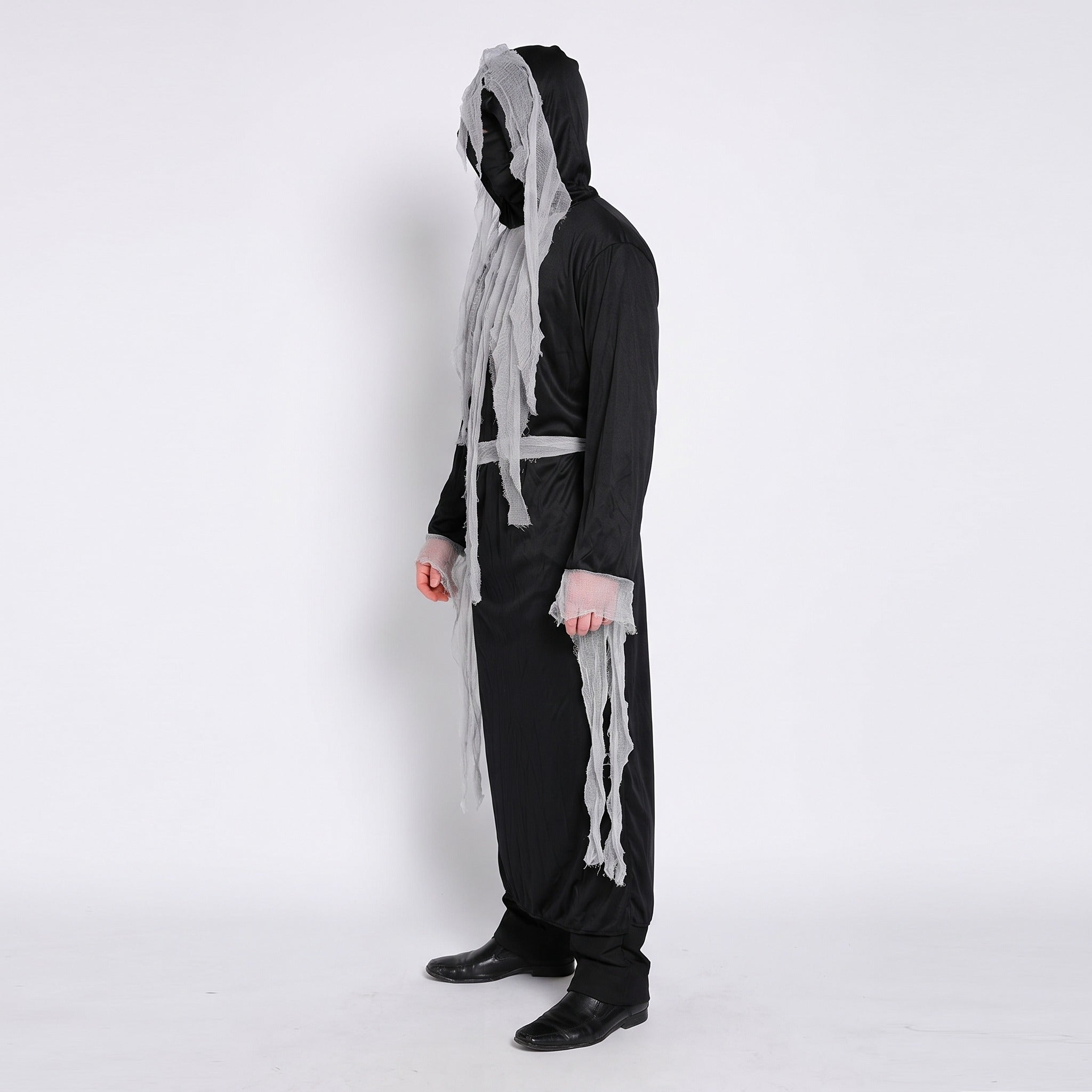 Person wearing black hooded robe costume with gray tattered rag mask and sash | Chaps London