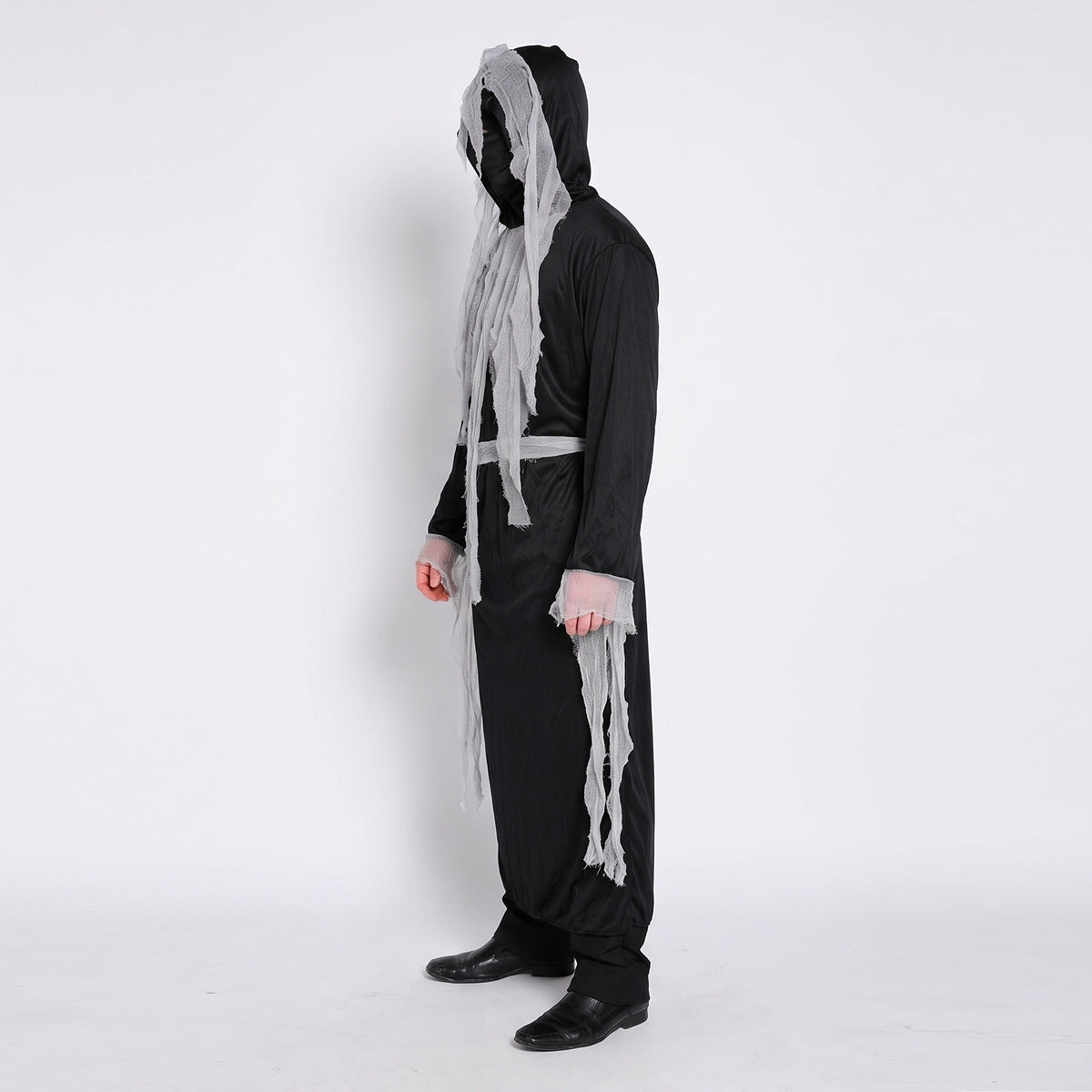 Person wearing black hooded robe costume with gray tattered rag mask and sash | Chaps London