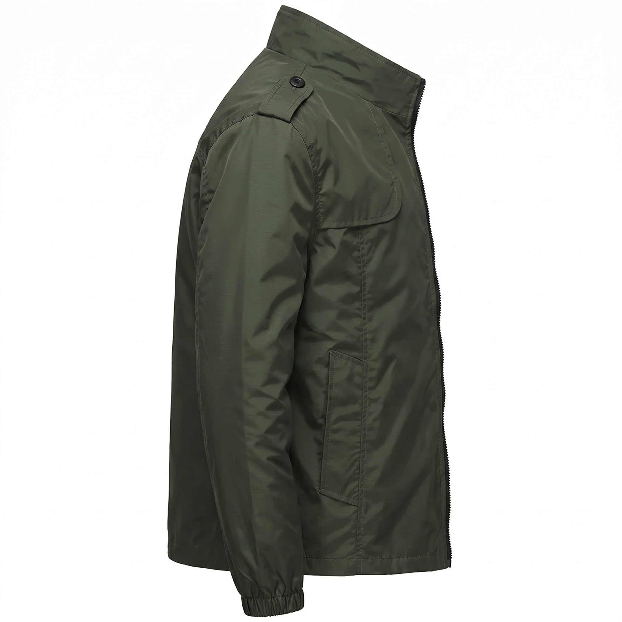 Olive green stand collar jacket with epaulettes, side view on mannequin | Chaps London