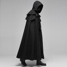 Man wearing black hooded gothic cloak, side view, full length | Chaps London