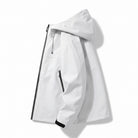 White hooded waterproof jacket with zip pocket, shown on mannequin | Chaps London