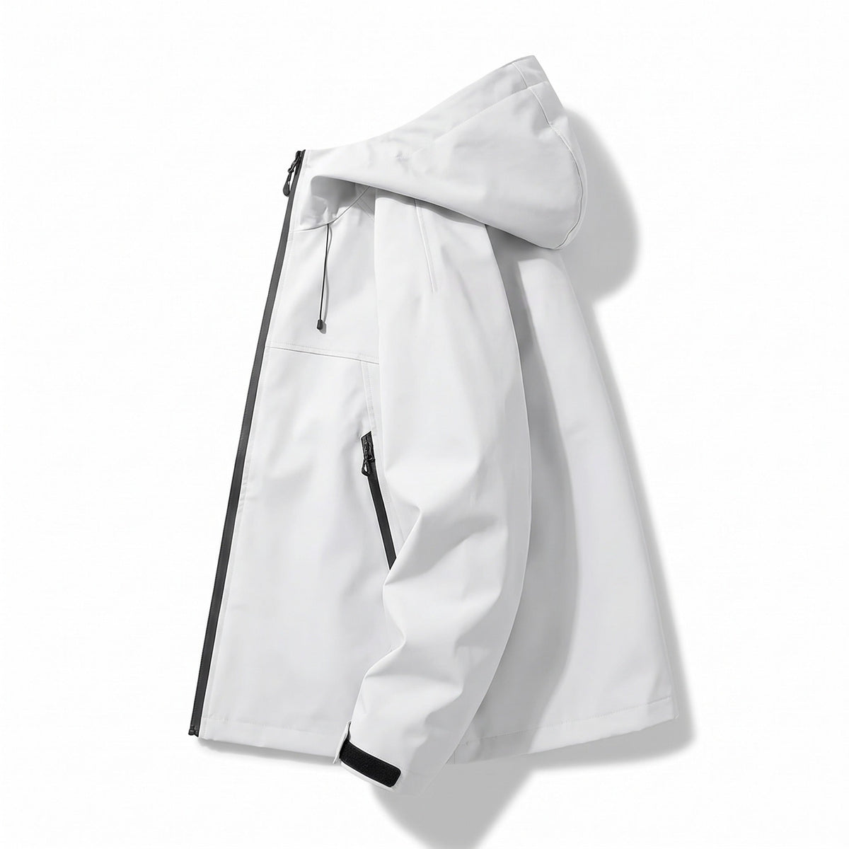 White hooded waterproof jacket with zip pocket, shown on mannequin | Chaps London