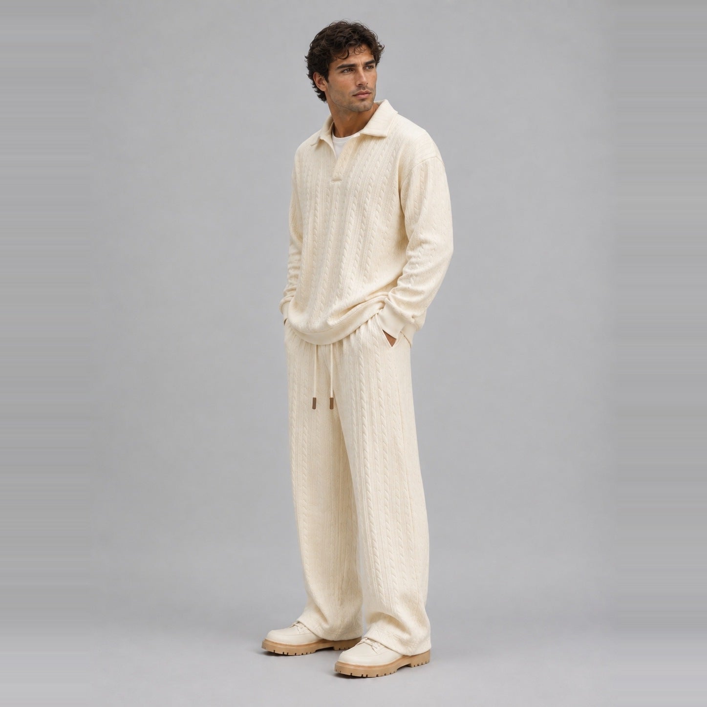 Man wearing cream cable-knit collared top with matching wide-leg trousers | Chaps London