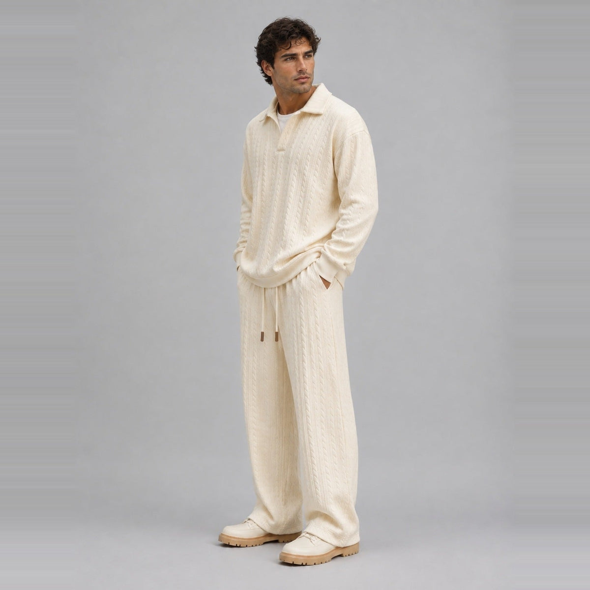 Man wearing cream cable-knit collared top with matching wide-leg trousers | Chaps London