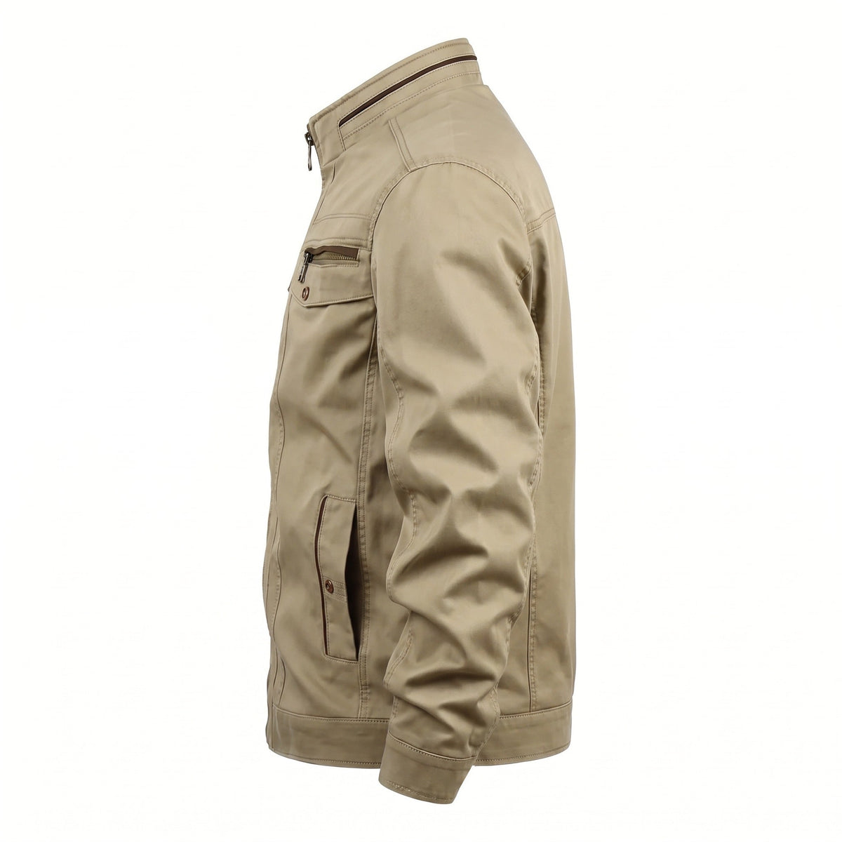 Beige cotton field jacket with stand collar, side view, worn by person | Chaps London